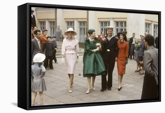 Dior Models Posing with Military Man in the Soviet Union, Moscow, Russia, 1959-Howard Sochurek-Framed Stretched Canvas