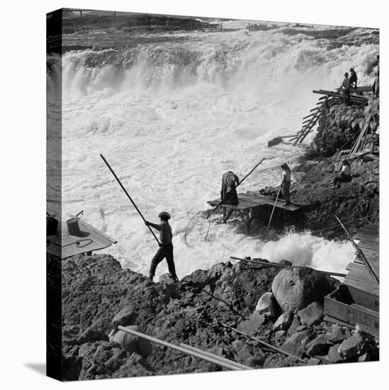 Dip Net Fishing at Celilo Falls, 1954-Virna Haffer-Stretched Canvas