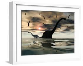 Diplodocus Dinosaurs Bathe in a Large Body of Water-Stocktrek Images-Framed Photographic Print