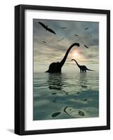 Diplodocus Dinosaurs Bathe in a Large Body of Water-Stocktrek Images-Framed Premium Photographic Print