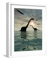 Diplodocus Dinosaurs Bathe in a Large Body of Water-Stocktrek Images-Framed Premium Photographic Print