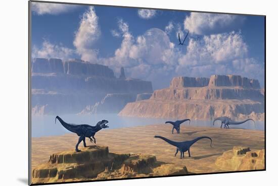 Diplodocus Dinosaurs Being Stalked by a Carnivorous Allosaurus-null-Mounted Premium Giclee Print