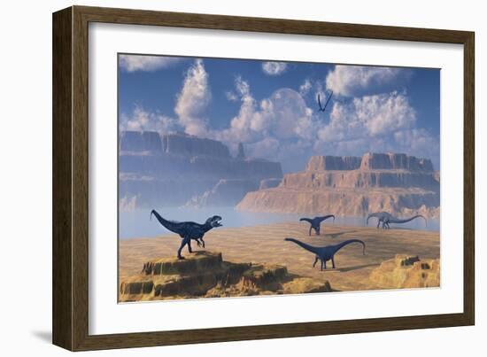 Diplodocus Dinosaurs Being Stalked by a Carnivorous Allosaurus-null-Framed Art Print