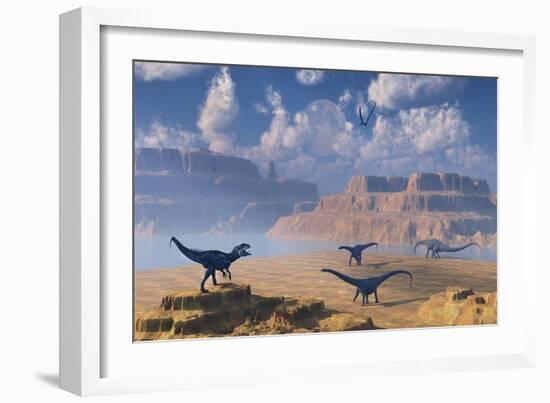 Diplodocus Dinosaurs Being Stalked by a Carnivorous Allosaurus-null-Framed Art Print