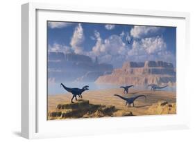 Diplodocus Dinosaurs Being Stalked by a Carnivorous Allosaurus-null-Framed Art Print