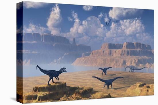 Diplodocus Dinosaurs Being Stalked by a Carnivorous Allosaurus-null-Stretched Canvas