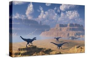 Diplodocus Dinosaurs Being Stalked by a Carnivorous Allosaurus-null-Stretched Canvas