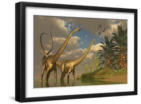 Diplodocus Dinosaurs in a Mating Ritual-null-Framed Art Print