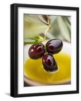 Dipping Olive Sprig with Black Olives in Olive Oil-null-Framed Photographic Print