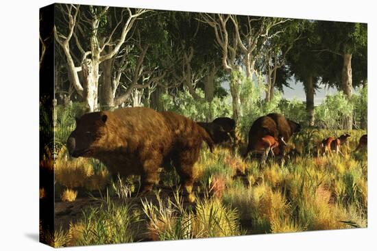 Diprotodon on the Edge of a Eucalyptus Forest with Some Early Kangaroos-null-Stretched Canvas