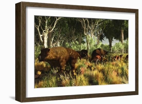 Diprotodon on the Edge of a Eucalyptus Forest with Some Early Kangaroos-null-Framed Photographic Print