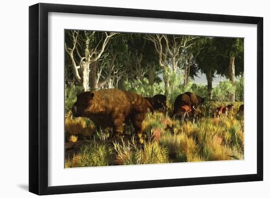 Diprotodon on the Edge of a Eucalyptus Forest with Some Early Kangaroos-null-Framed Photographic Print