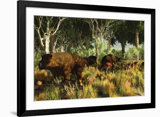 Diprotodon on the Edge of a Eucalyptus Forest with Some Early Kangaroos-null-Framed Photographic Print