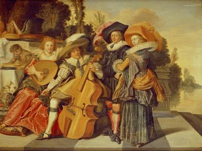 Elegant Figures Making Music on a Terrace by a Lake