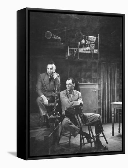 Director Elia Kazan and Playwright Arthur Miller Sitting on Broadway Set of Death of a Salesman-W^ Eugene Smith-Framed Stretched Canvas