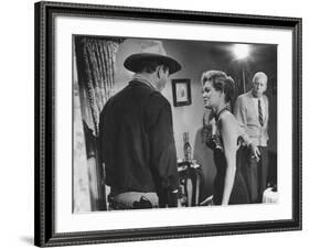 Director Howard Hawks Coaching Actress Angie Dickinson on Set for "Rio Bravo"-Allan Grant-Framed Premium Photographic Print