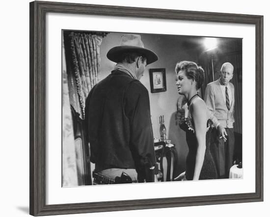 Director Howard Hawks Coaching Actress Angie Dickinson on Set for "Rio Bravo"-Allan Grant-Framed Premium Photographic Print