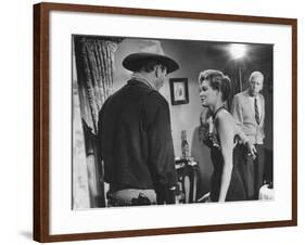 Director Howard Hawks Coaching Actress Angie Dickinson on Set for "Rio Bravo"-Allan Grant-Framed Premium Photographic Print