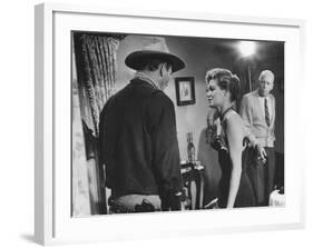 Director Howard Hawks Coaching Actress Angie Dickinson on Set for "Rio Bravo"-Allan Grant-Framed Premium Photographic Print