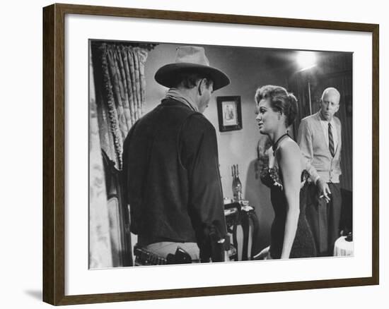 Director Howard Hawks Coaching Actress Angie Dickinson on Set for "Rio Bravo"-Allan Grant-Framed Premium Photographic Print