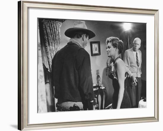 Director Howard Hawks Coaching Actress Angie Dickinson on Set for "Rio Bravo"-Allan Grant-Framed Premium Photographic Print