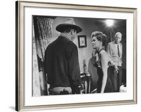 Director Howard Hawks Coaching Actress Angie Dickinson on Set for "Rio Bravo"-Allan Grant-Framed Premium Photographic Print