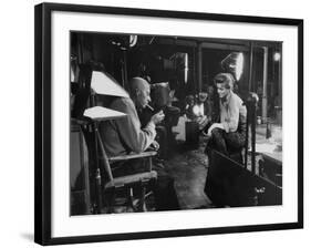 Director Howard Hawks Conferring with Actress Angie Dickinson on Set for "Rio Bravo"-Allan Grant-Framed Premium Photographic Print