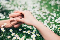 Lovers Holding Hands on Spring Flowers Field-Dirima-Laminated Photographic Print