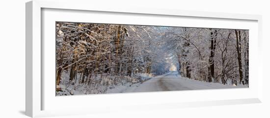 Dirt road passing through snow covered forest, East Hill, Quebec, Canada-null-Framed Photographic Print