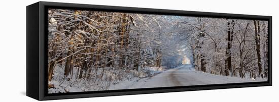 Dirt road passing through snow covered forest, East Hill, Quebec, Canada-null-Framed Stretched Canvas