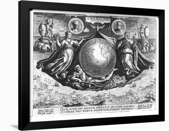 Discovery of America with Portraits of Amerigo Vespucci (1454-1512) and Christopher Columbus-Jan van der Straet-Framed Giclee Print