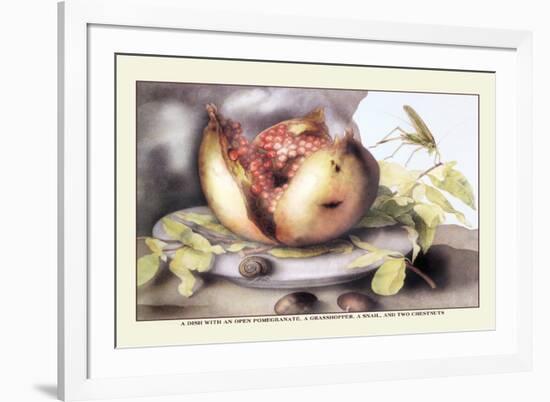 Dish with a Pomegranate, A Grasshopper, A Snail, and Two Chestnuts-Giovanna Garzoni-Framed Premium Giclee Print