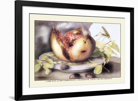 Dish with a Pomegranate, A Grasshopper, A Snail, and Two Chestnuts-Giovanna Garzoni-Framed Premium Giclee Print