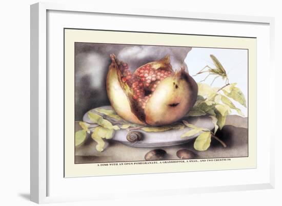 Dish with a Pomegranate, A Grasshopper, A Snail, and Two Chestnuts-Giovanna Garzoni-Framed Art Print