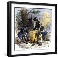 Dispirited American Soldiers Huddle around a Campfire at Valley Forge-null-Framed Premium Giclee Print