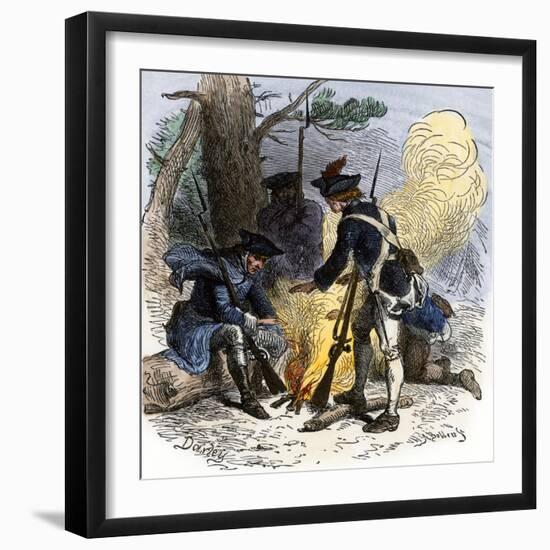 Dispirited American Soldiers Huddle around a Campfire at Valley Forge-null-Framed Premium Giclee Print