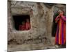 Displaced Girls Smile as They Look Out from a Shanty, in a Refugee Camp in Kabul, Afghanistan-null-Mounted Photographic Print