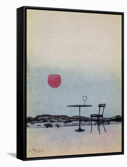 Displaced Red Wine from Glass on Outside Table Becomes the Setting Sun-George Adamson-Framed Stretched Canvas