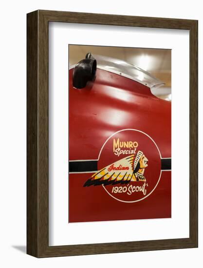 Display of race winning Indian motorcycle once raced by Burt Munroe at E. Hayes & Sons, Invercar...-null-Framed Photographic Print