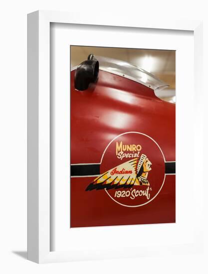 Display of race winning Indian motorcycle once raced by Burt Munroe at E. Hayes & Sons, Invercar...-null-Framed Photographic Print