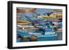 Distinctive red and blue fishing fleet in major fishing port of Nha Trang, South Central Vietnam.-Tom Haseltine-Framed Photographic Print