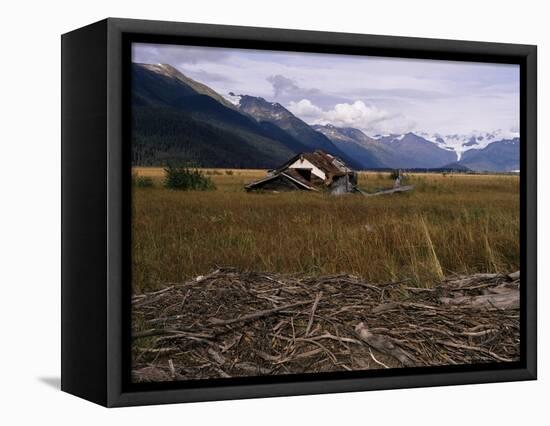 Disused Trapper's Hut and the Grassland, Forest and Glacier of Fort Richardson Park, Alaska, USA-Jeremy Bright-Framed Stretched Canvas