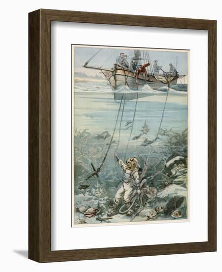 Diver and Octopus-null-Framed Art Print