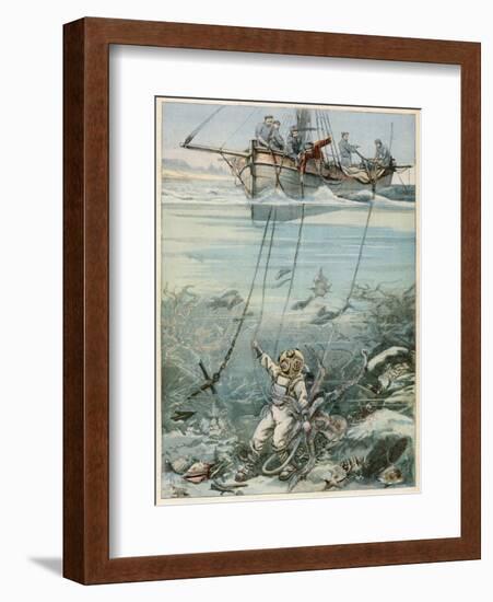 Diver and Octopus-null-Framed Art Print
