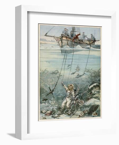 Diver and Octopus-null-Framed Art Print