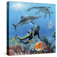 Diver And Prehistoric Life, Artwork-Richard Bizley-Stretched Canvas