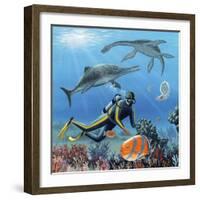 Diver And Prehistoric Life, Artwork-Richard Bizley-Framed Premium Photographic Print