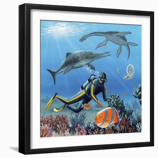 Diver And Prehistoric Life, Artwork-Richard Bizley-Framed Premium Photographic Print