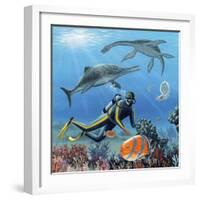 Diver And Prehistoric Life, Artwork-Richard Bizley-Framed Premium Photographic Print