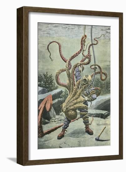 Diver Attacked by an Octopus-French School-Framed Giclee Print